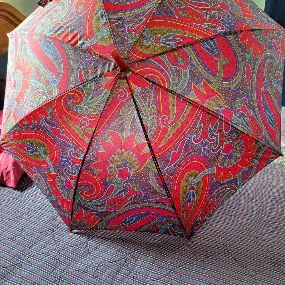 Red Paisley vintage umbrella plastic curl handle 31"